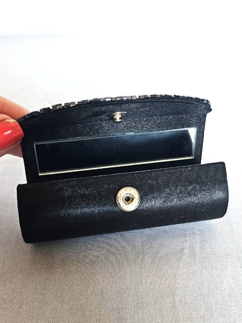 Vintage Black Satin Beaded Lipstick Case | Mirror Snap Closure